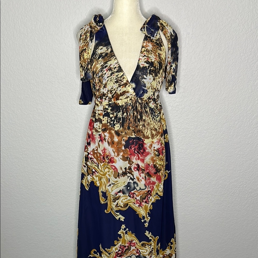 Double Zero Blue and Gold Plunge Neck Sundress Small